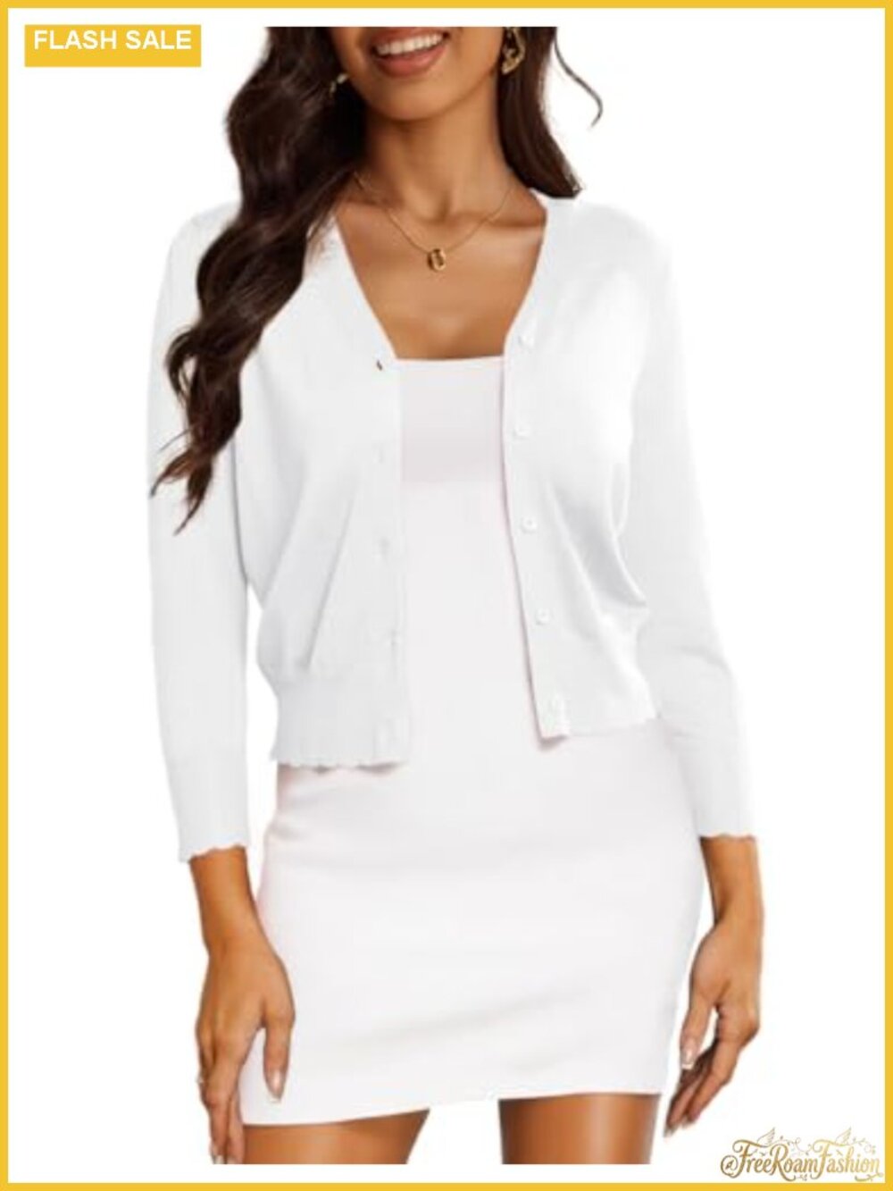 Cropped Cardigan 3/4 Sleeve Bolero Shrug Lightweight Knit V-Neck Button Cardigan